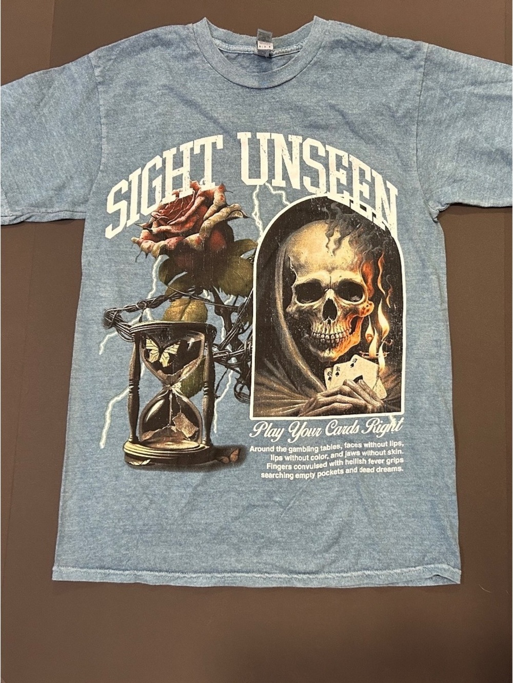 Gildan Medium Blue Graphic T-Shirt with Skull and Rose Print